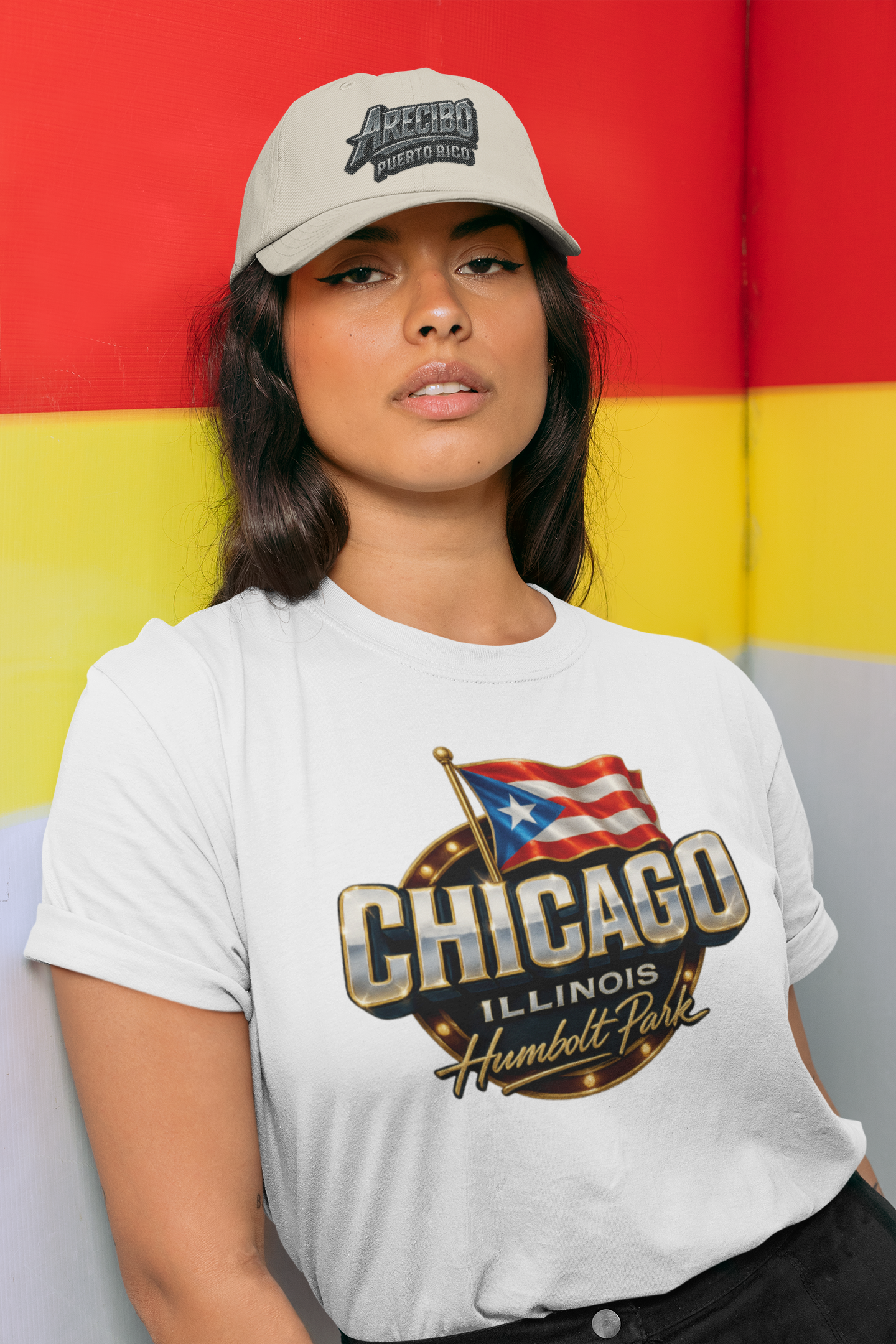 t-shirt-mockup-featuring-a-woman-wearing-a-dad-hat-and-leaning-against-a-colorful-wall-28604